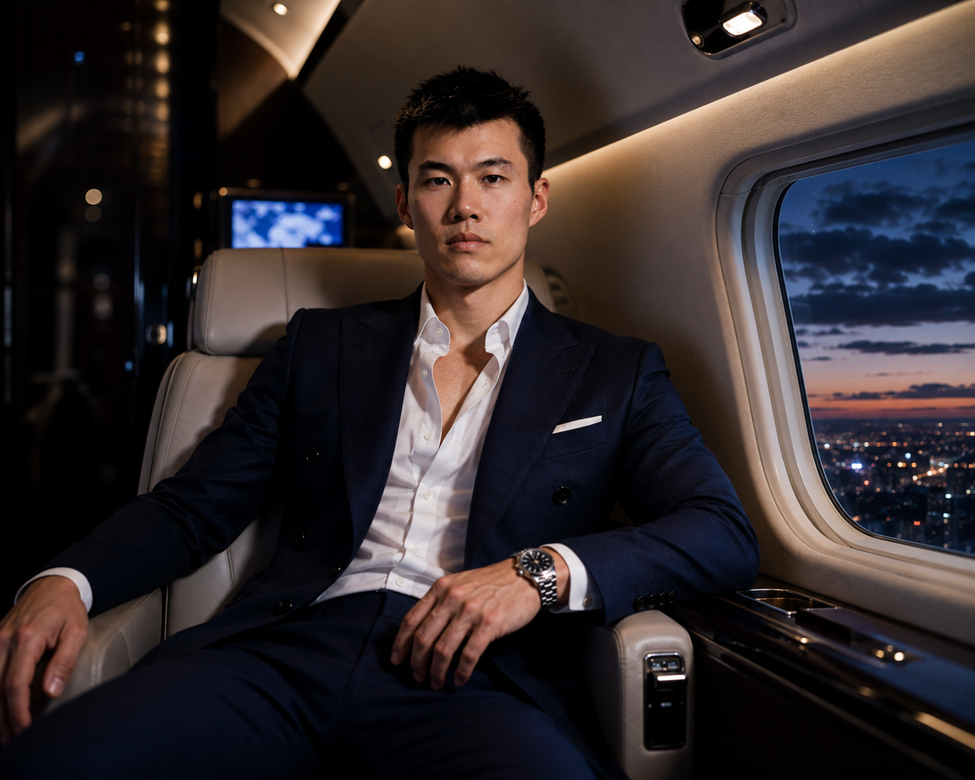 Casper Zhao in a private aircraft cabin